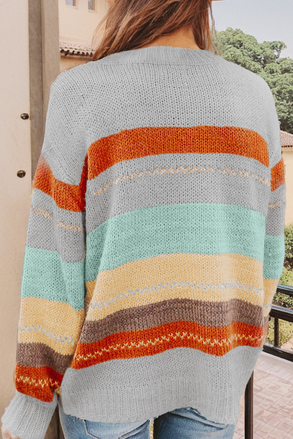 Crew Neck Drop-shoulder Striped Color Block Sweater: Brown / L