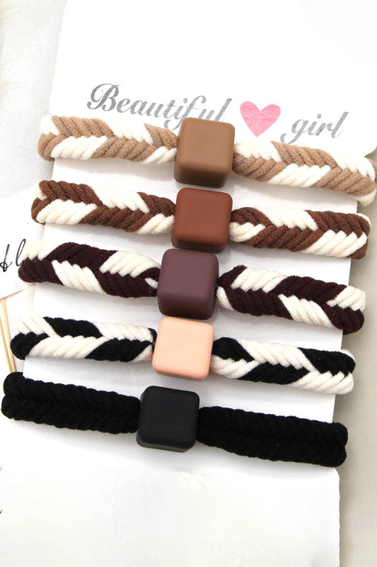 5PCS WOMEN TWO TONE BRAIDED CASUAL HAIR TIE_CWAHA0171: MULTICOLOR / (OS) 1