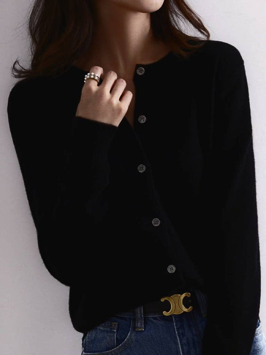 Essential round neck buttoned knit cardigan - Black / XL