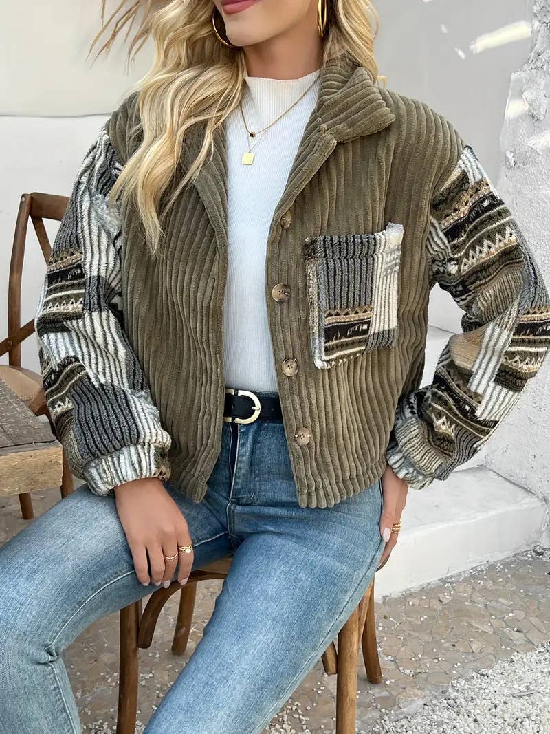 Western Aztec patchwork fleece button-up jacket: Olive