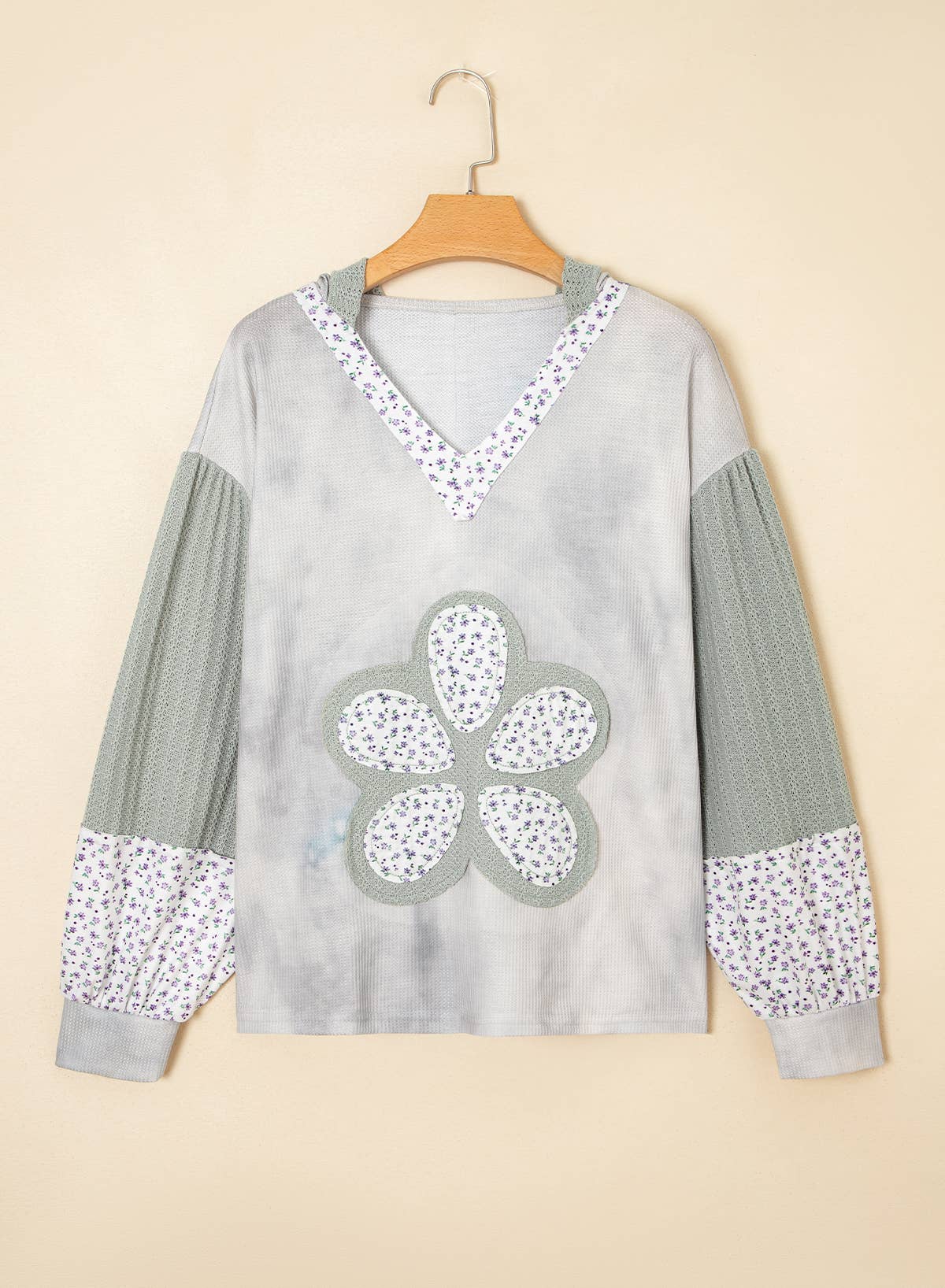 LDC Textured Colorblock Floral Patchwork Lantern Sleeve Top: Green