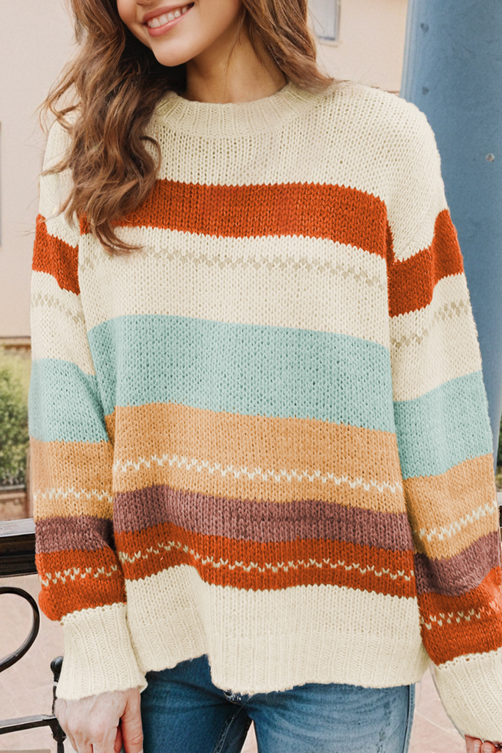 Crew Neck Drop-shoulder Striped Color Block Sweater: Brown / L