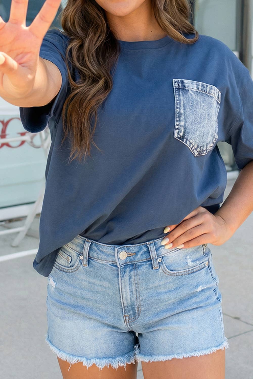 Denim Chest Pocket Patched Casual Short Sleeve Top (S-XL): Sail Blue / Missy / XL