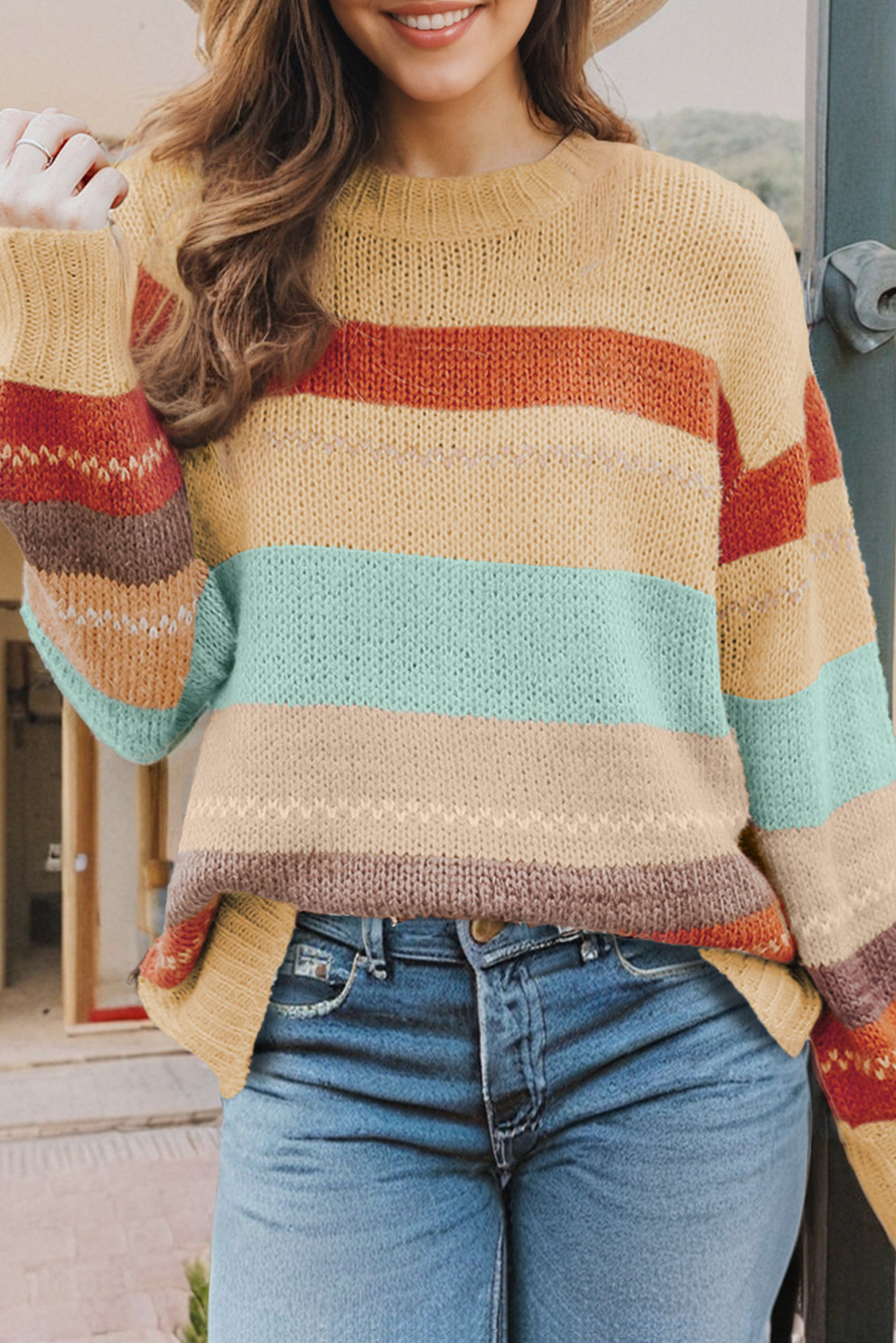 Crew Neck Drop-shoulder Striped Color Block Sweater: Brown / L