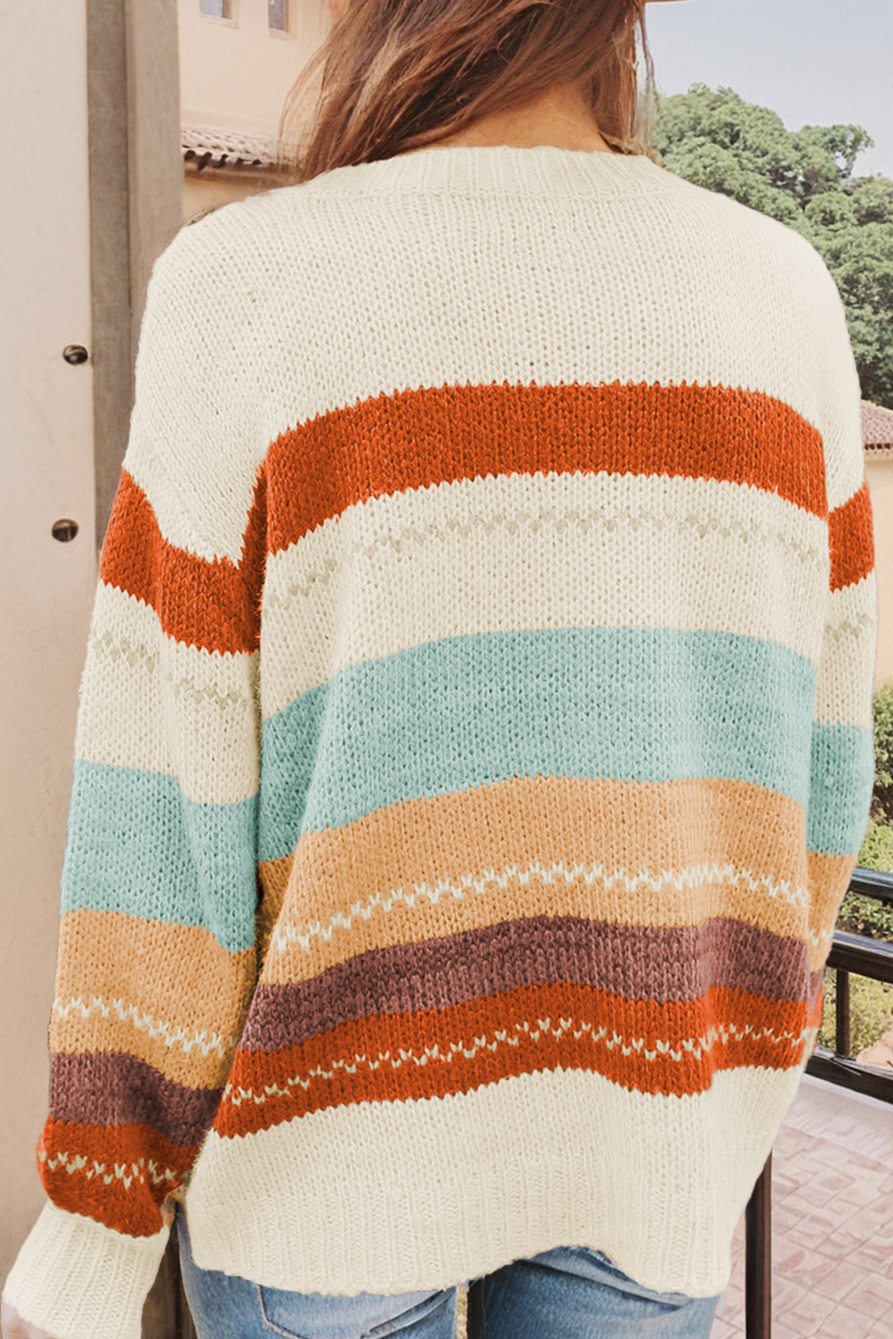 Crew Neck Drop-shoulder Striped Color Block Sweater: Brown / L