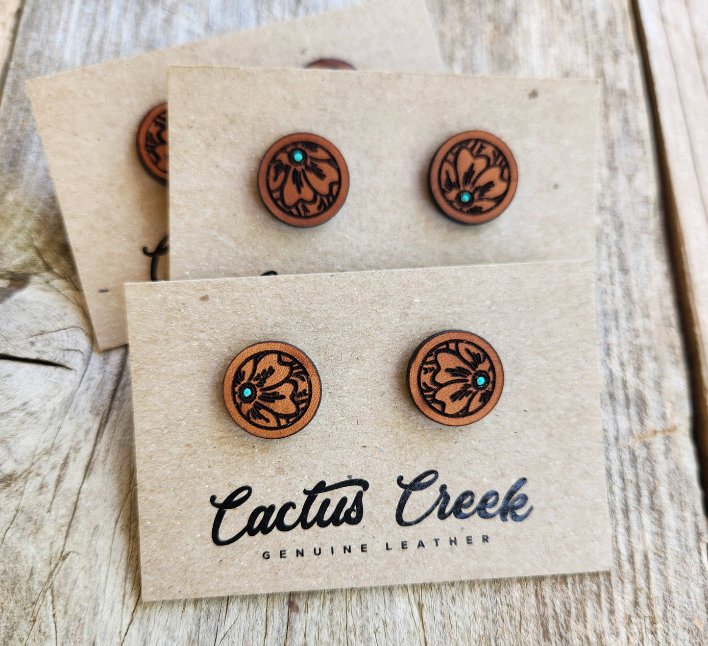 "Millie" Handmade Genuine Leather Stud Earrings: 1 x 4 Display Card