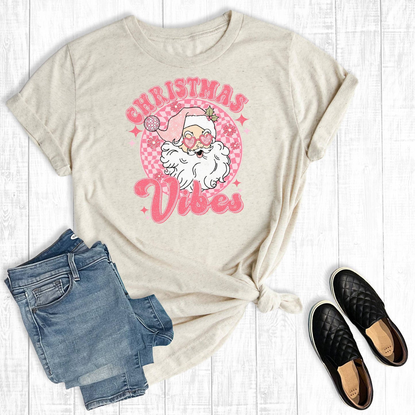 Retro Pink Christmas Vibes Graphic Tee: Cream / L