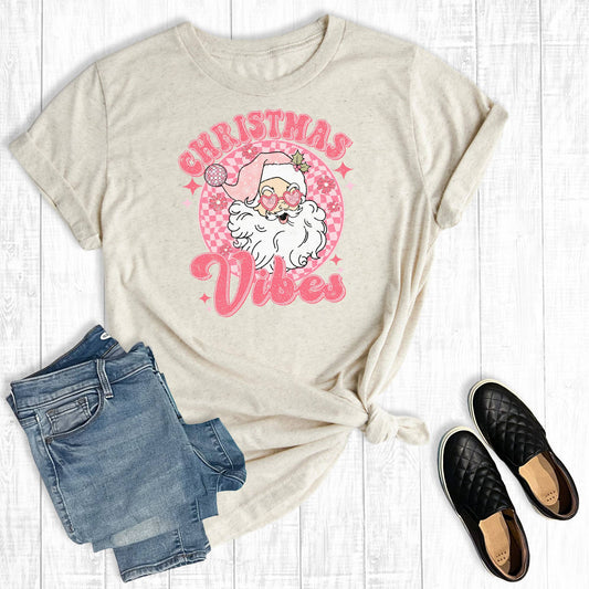 Retro Pink Christmas Vibes Graphic Tee: Cream / L