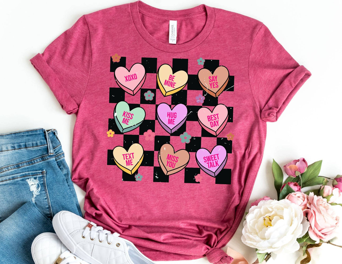 Checkered Candy Hearts Shirt - Valentines Day Shirt: HEATHER RASPBERRY / Unisex