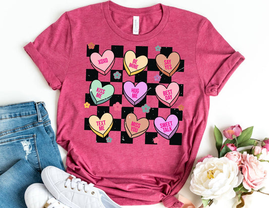Checkered Candy Hearts Shirt - Valentines Day Shirt: HEATHER RASPBERRY / Unisex