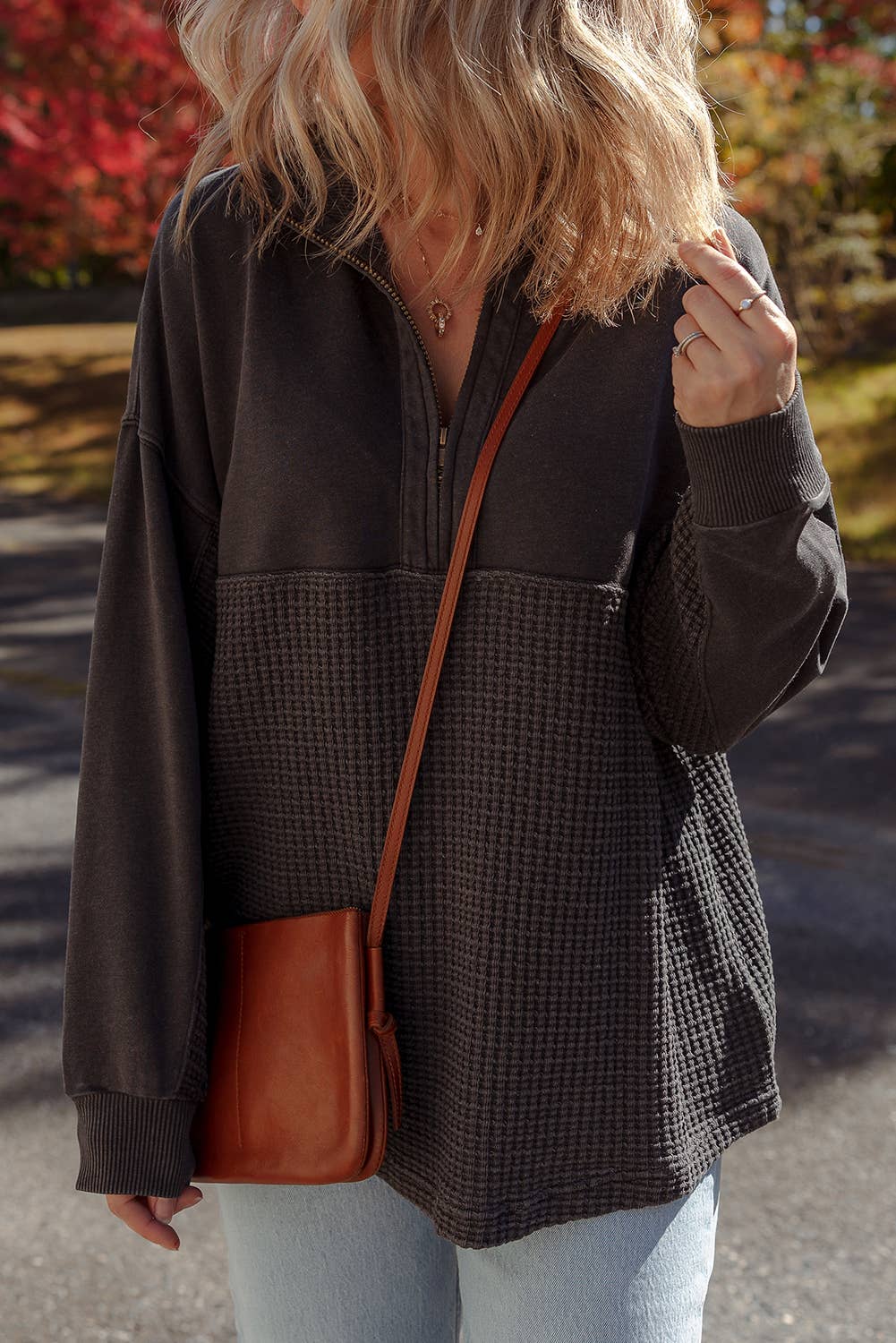 Waffle Textured Patchwork Zip Colloar Sweatshirt