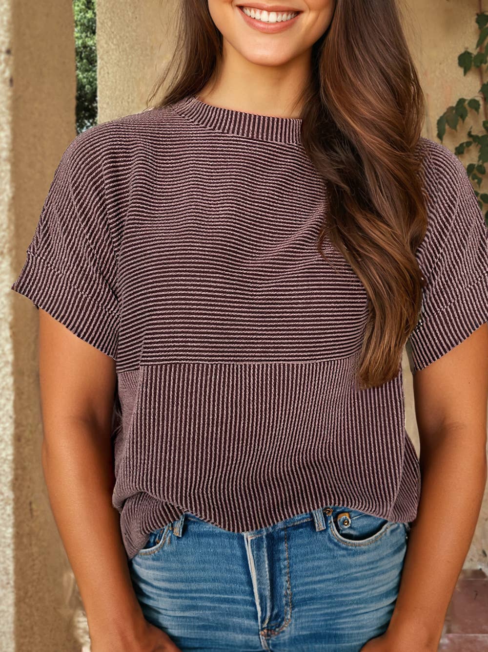 Plain Corded Knit Round Neck T Shirt: As Shown