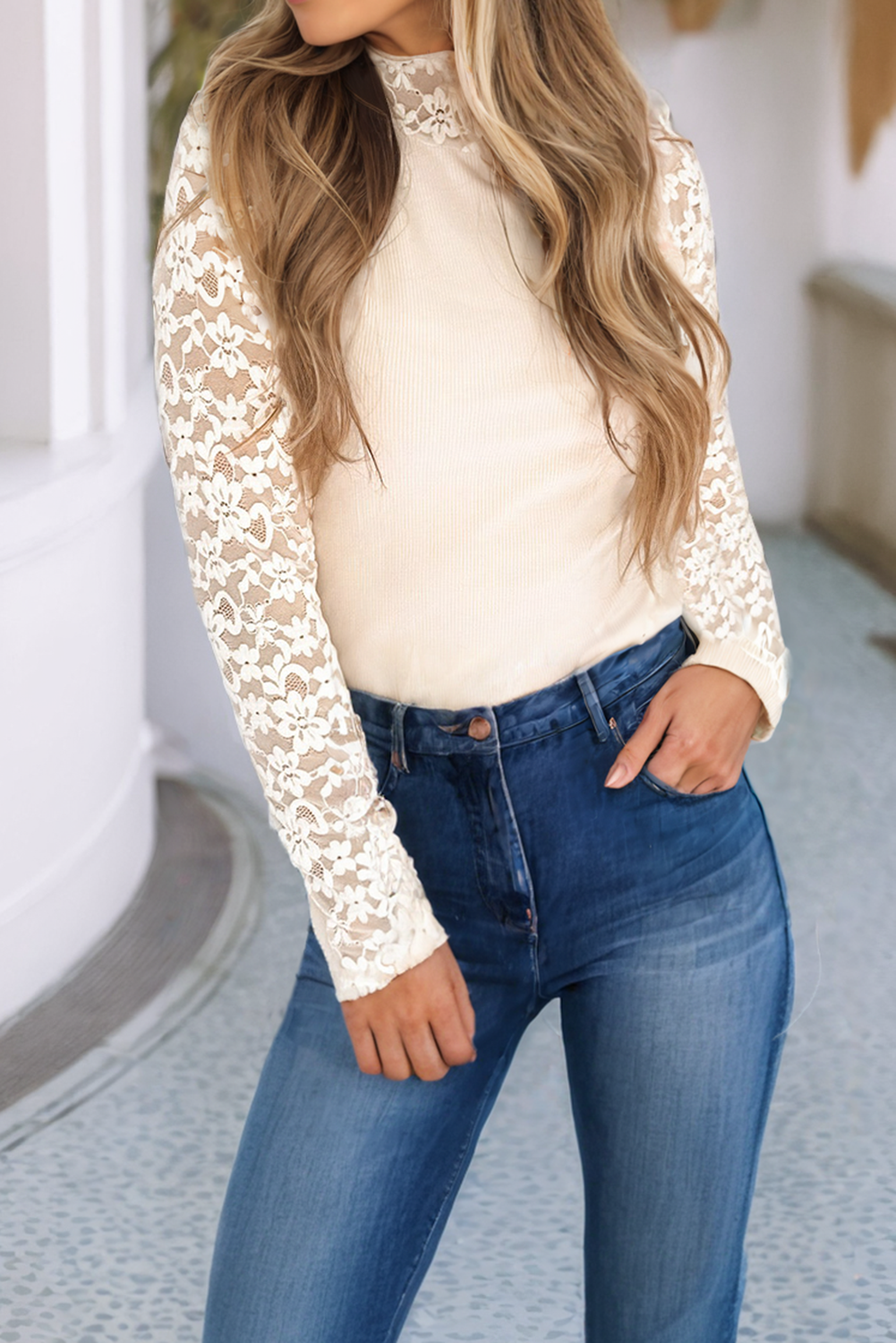 Floral Lace Patchwork Long Sleeve High Neck Slim Top: Beige