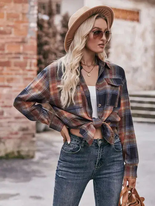 Khaki Casual Fashion Oversized Loose Plaid Shirt