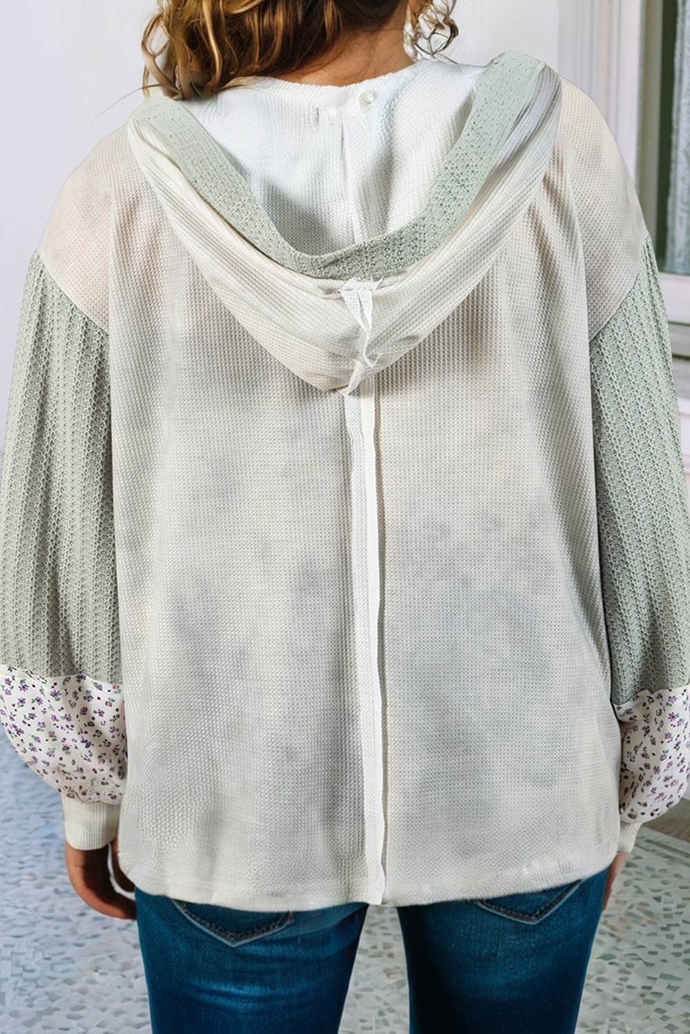 LDC Textured Colorblock Floral Patchwork Lantern Sleeve Top: Green
