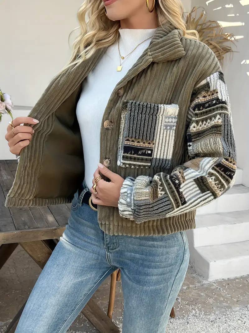 Western Aztec patchwork fleece button-up jacket: Olive
