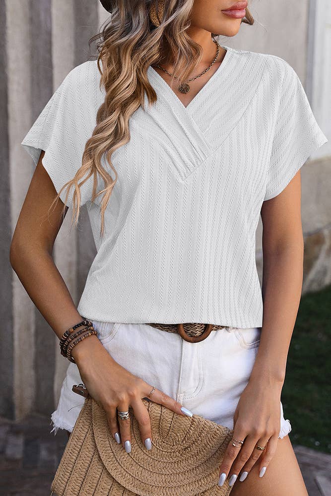 Spring Summer Plain Texture V Neck Short Sleeves Top