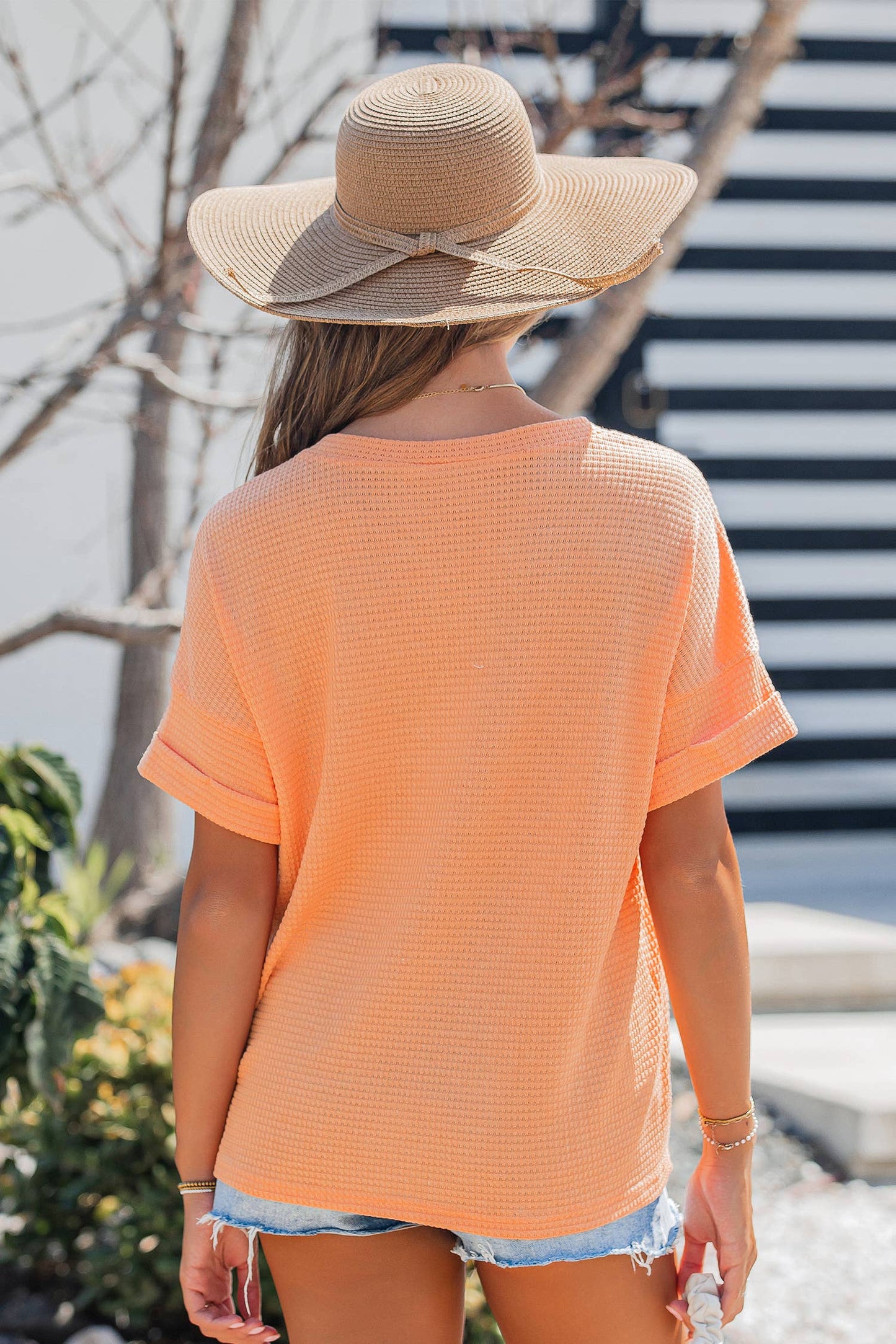 Waffle V Neck Short Sleeve Knit Top: Grapefruit Orange