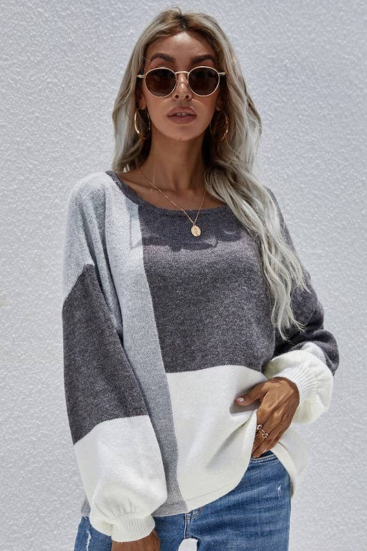 CWTTL0405_COLOR BLOCK ROUND NECK SWEATER TOP: Grey / (XL) 1