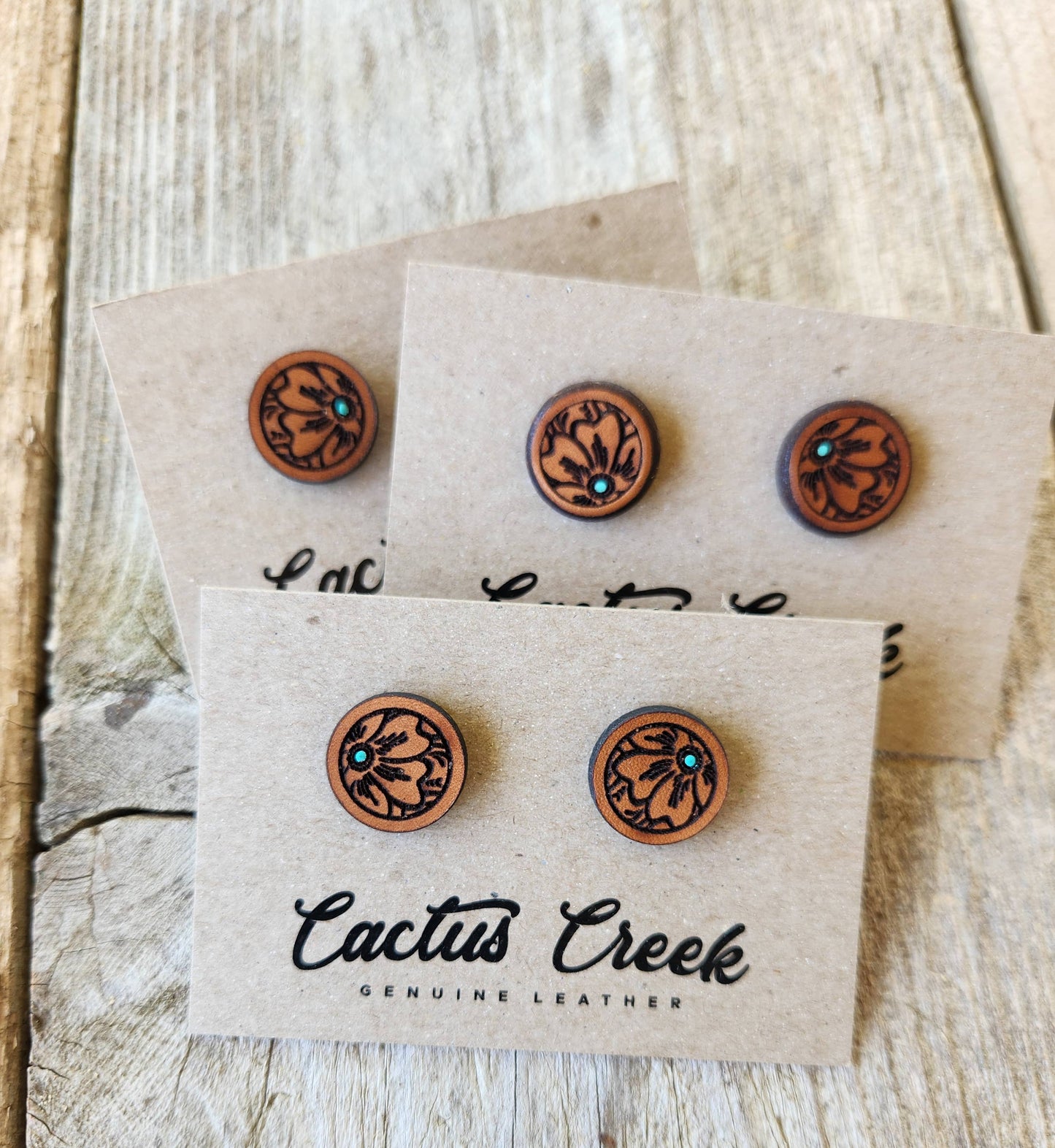 "Millie" Handmade Genuine Leather Stud Earrings: 1 x 4 Display Card
