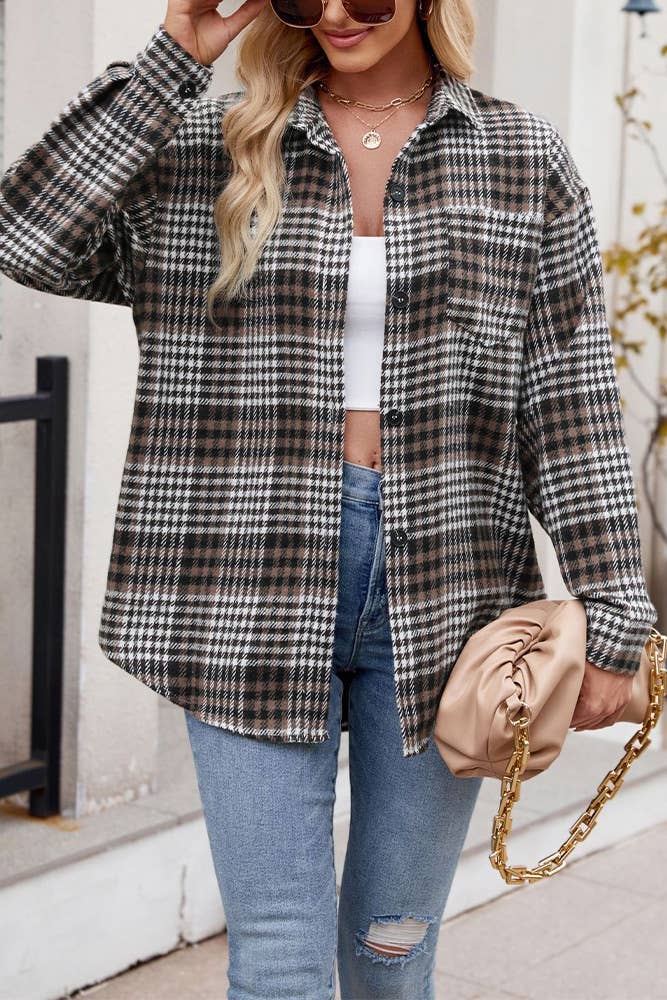 Fall Flannel Plaid Button Up Shirt with Pocket