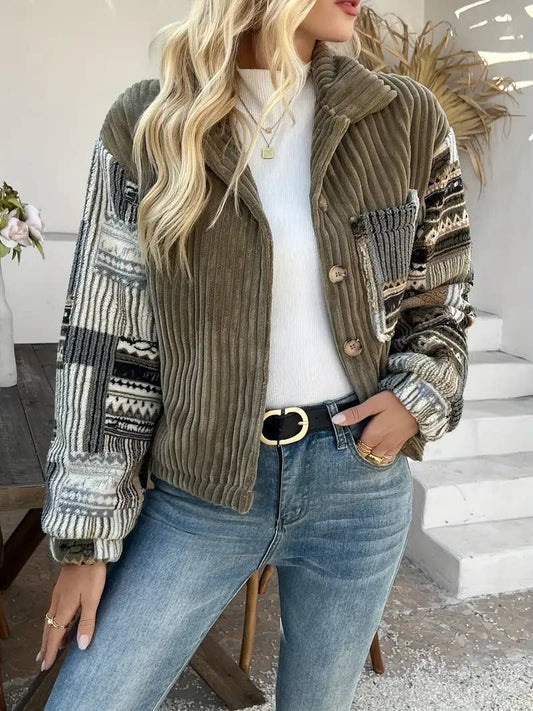 Western Aztec patchwork fleece button-up jacket: Olive