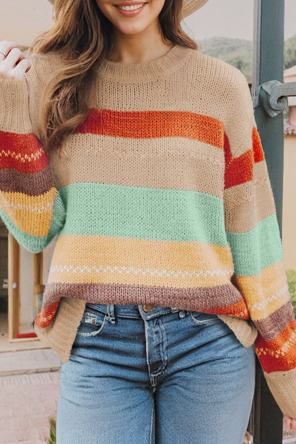 Crew Neck Drop-shoulder Striped Color Block Sweater: Brown / L