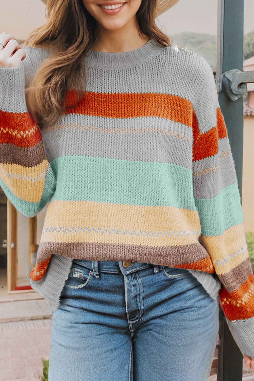 Crew Neck Drop-shoulder Striped Color Block Sweater: Brown / L