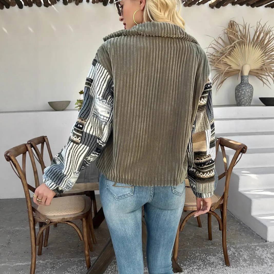 Western Aztec patchwork fleece button-up jacket: Olive