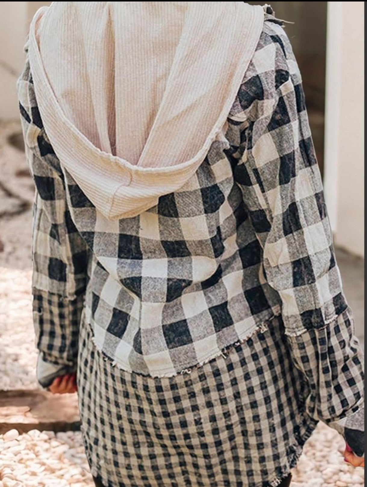 Double plaid patchwork hooded shacket