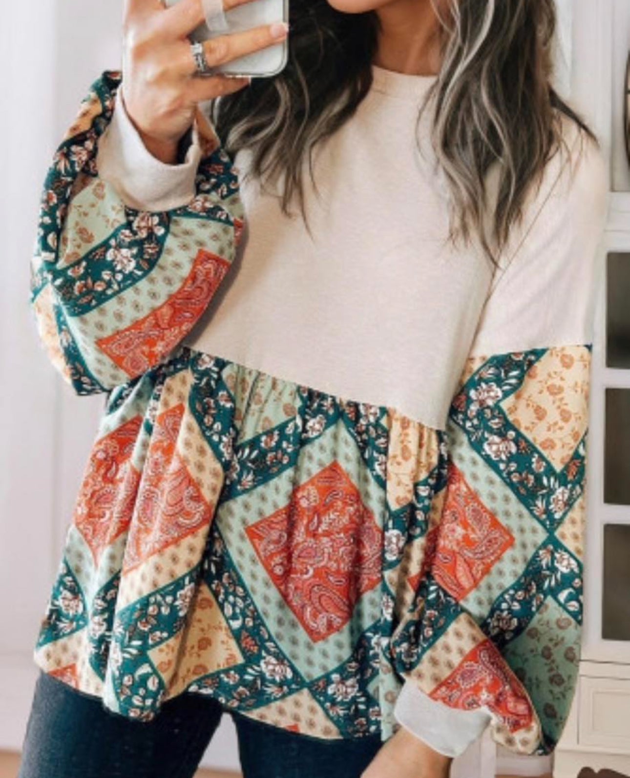 Jet Stream Paisley Geometric Patchwork Crew Neck Loose Fit Top