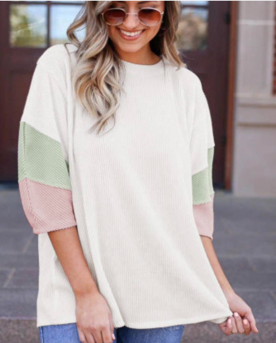 White color block ribbed knit quarter sleeve