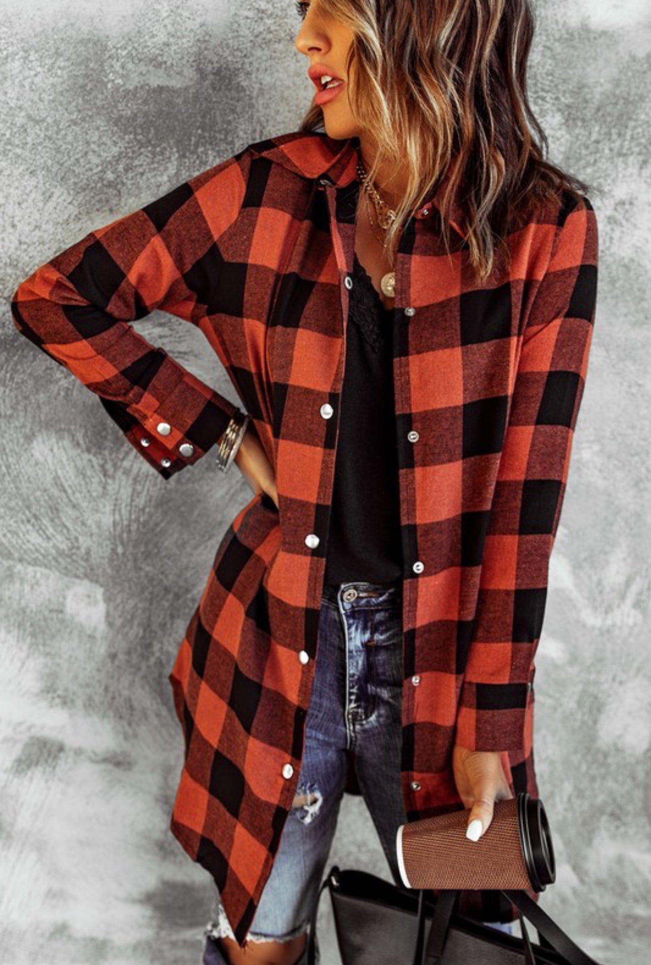 Red Plaid Button Down Shirt Coat