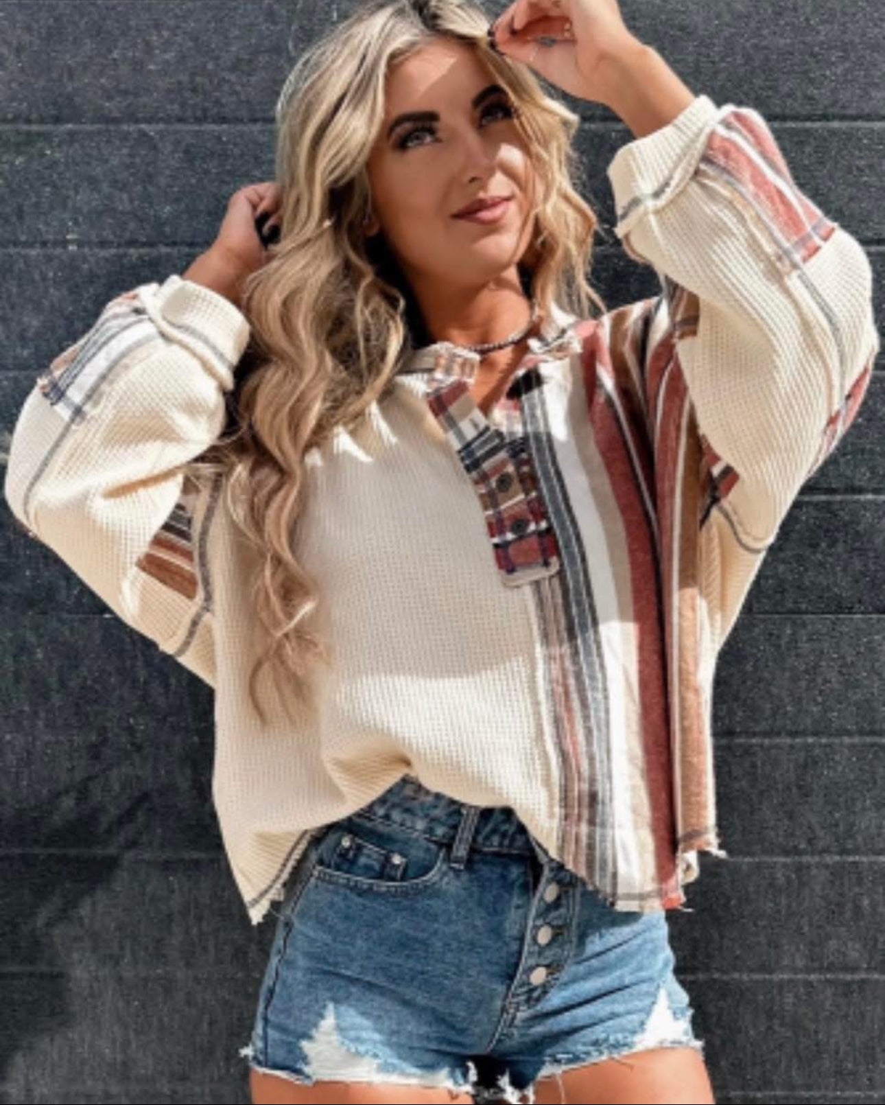 Beige Striped Waffle Patchwork