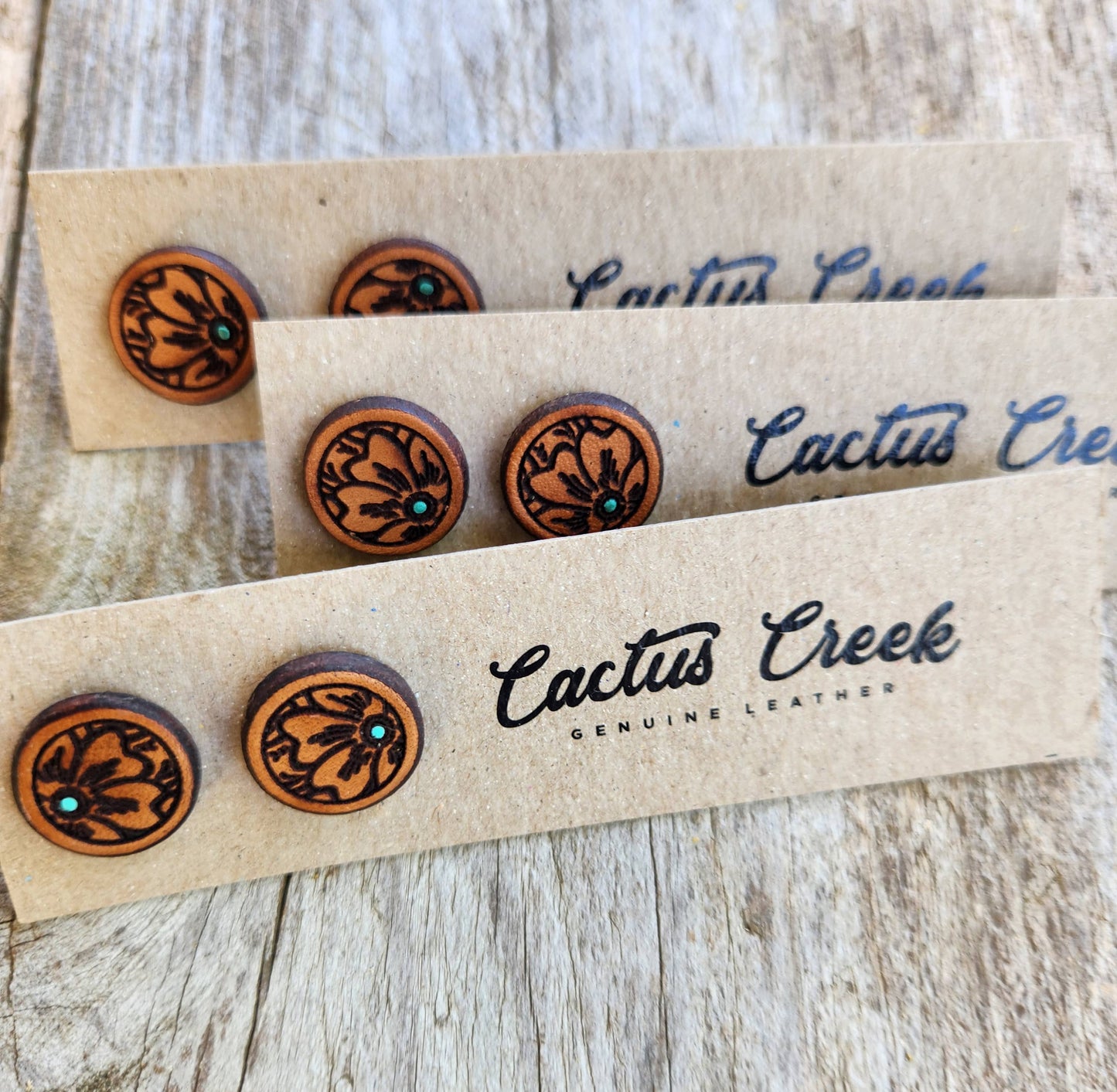 "Millie" Handmade Genuine Leather Stud Earrings: 1 x 4 Display Card