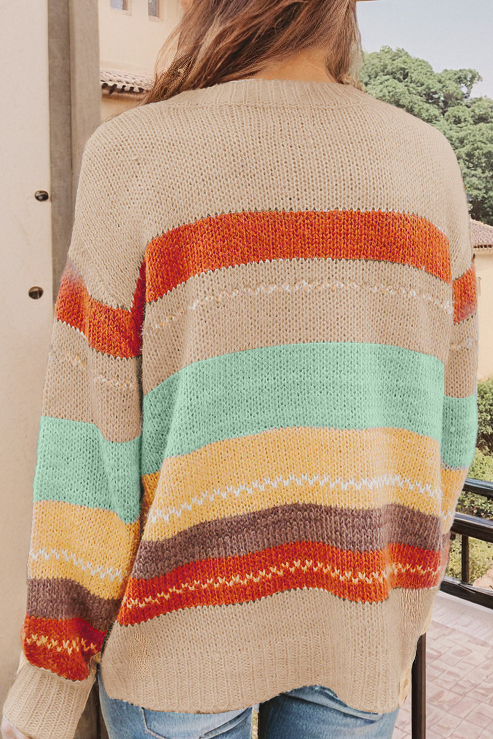 Crew Neck Drop-shoulder Striped Color Block Sweater: Brown / L