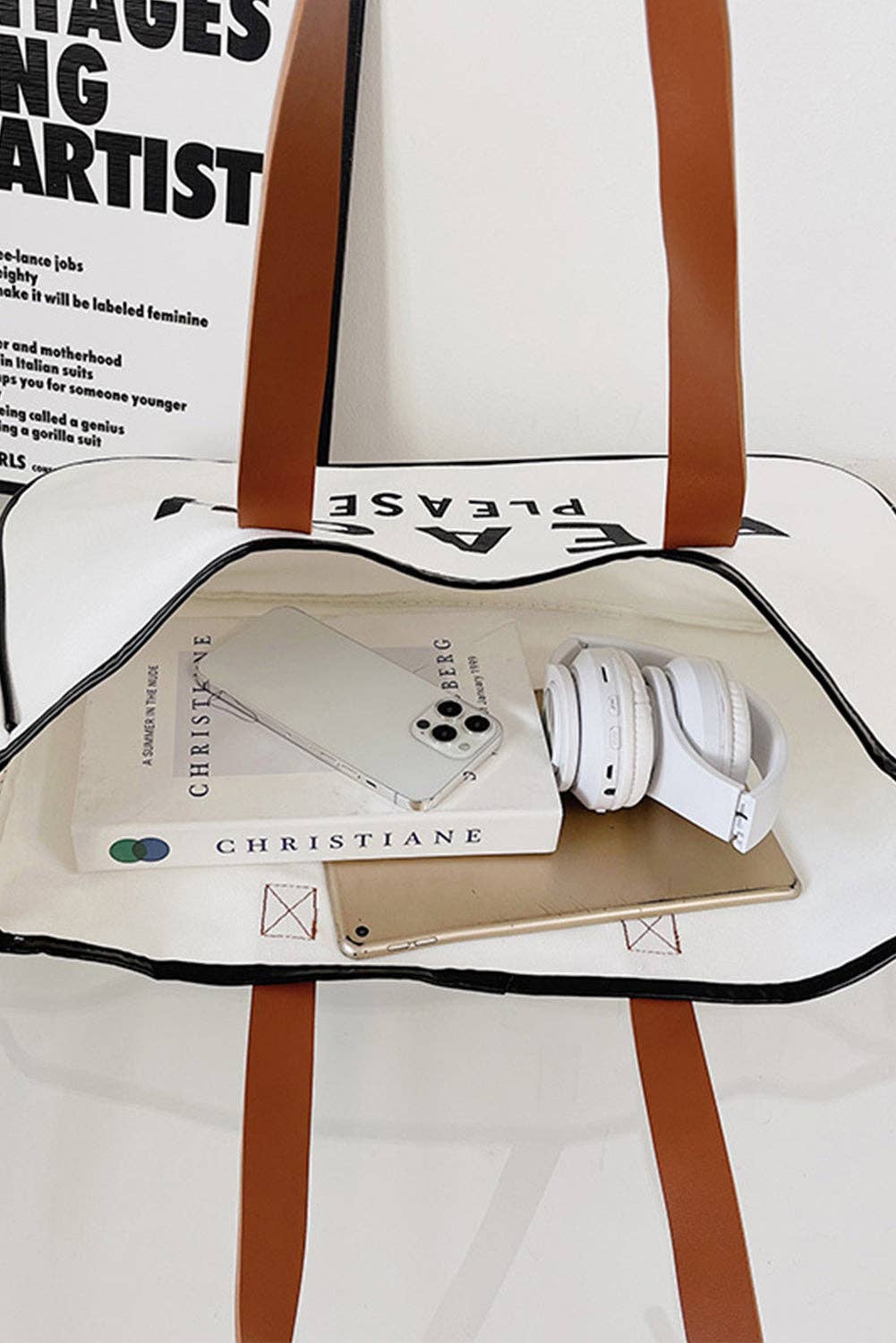 Ryan Beach Please Canvas Tote: 19in x 8.5in x 5in / White