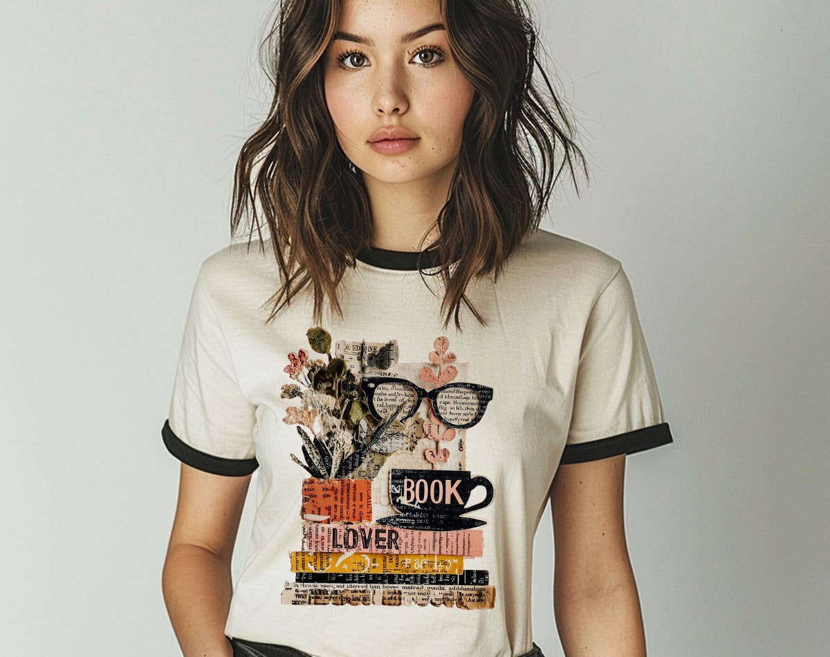 Book Lover Collage Glasses - Cute Book Reading Ringer Tee: Natural/Black / MD