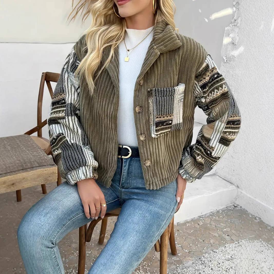 Western Aztec patchwork fleece button-up jacket: Olive