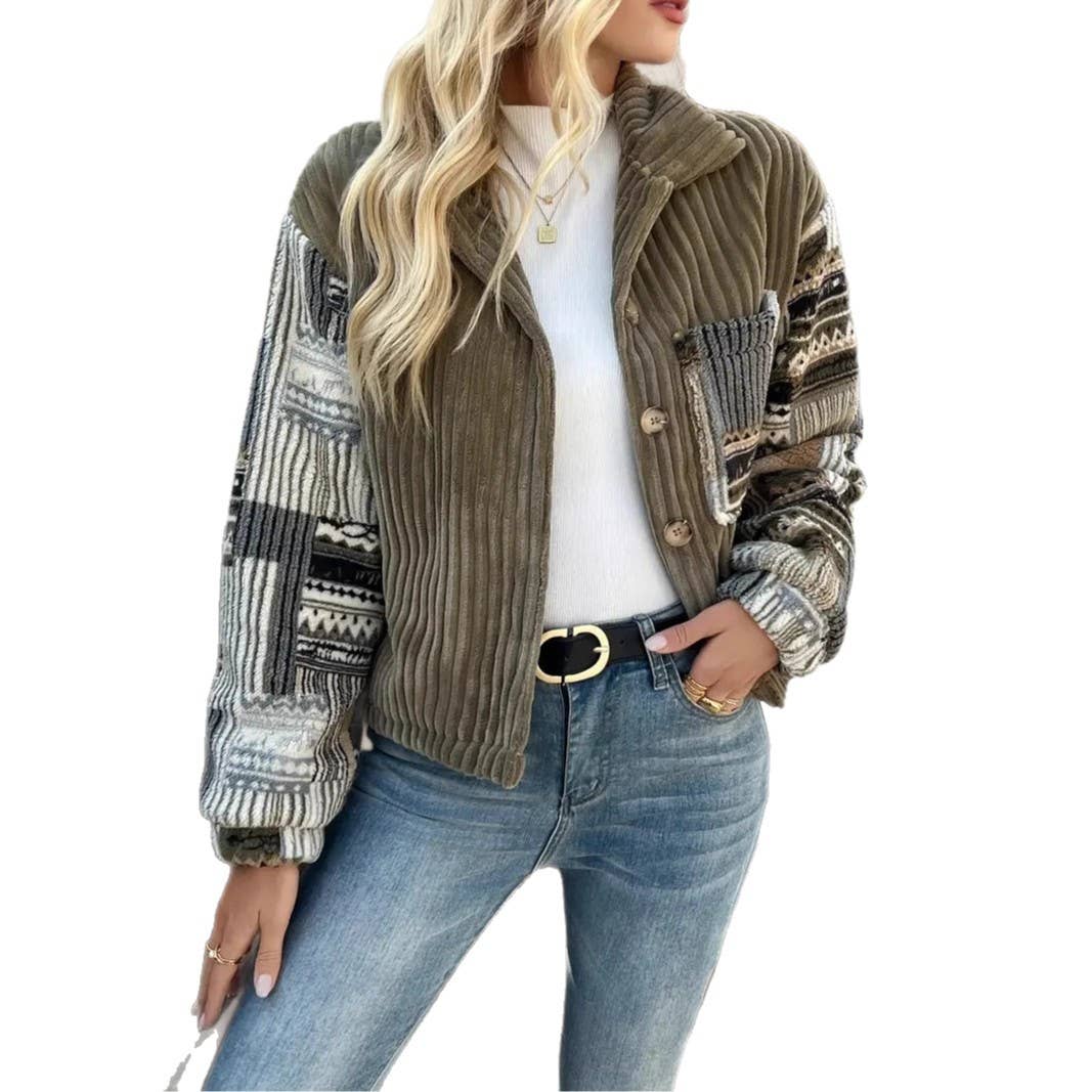 Western Aztec patchwork fleece button-up jacket: Olive