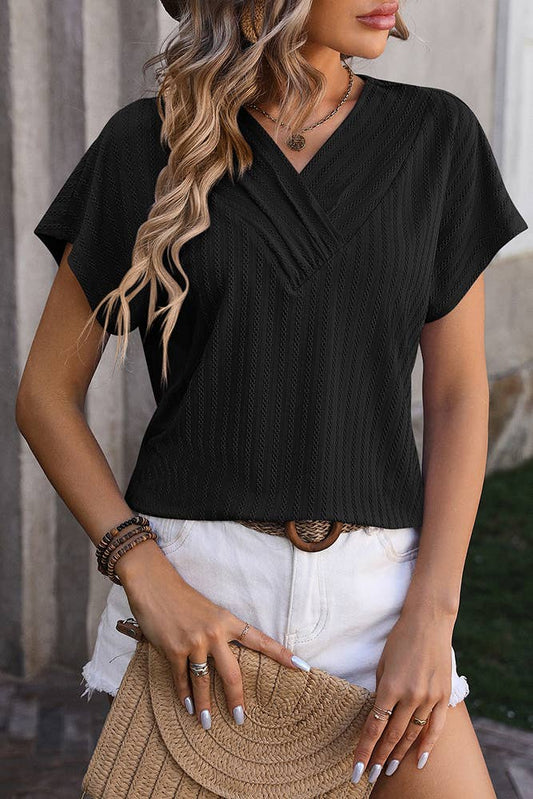 Spring Summer Plain Texture V Neck Short Sleeves Top MD116: Black / XL