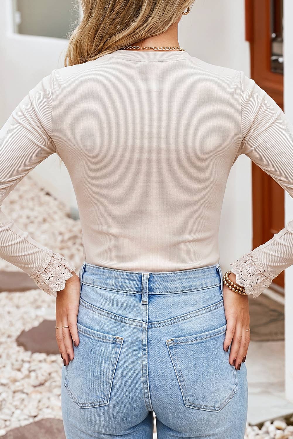 LDC Lace Cuff Round Neck Long Sleeve Solid Sheath Blouse: Jet Stream