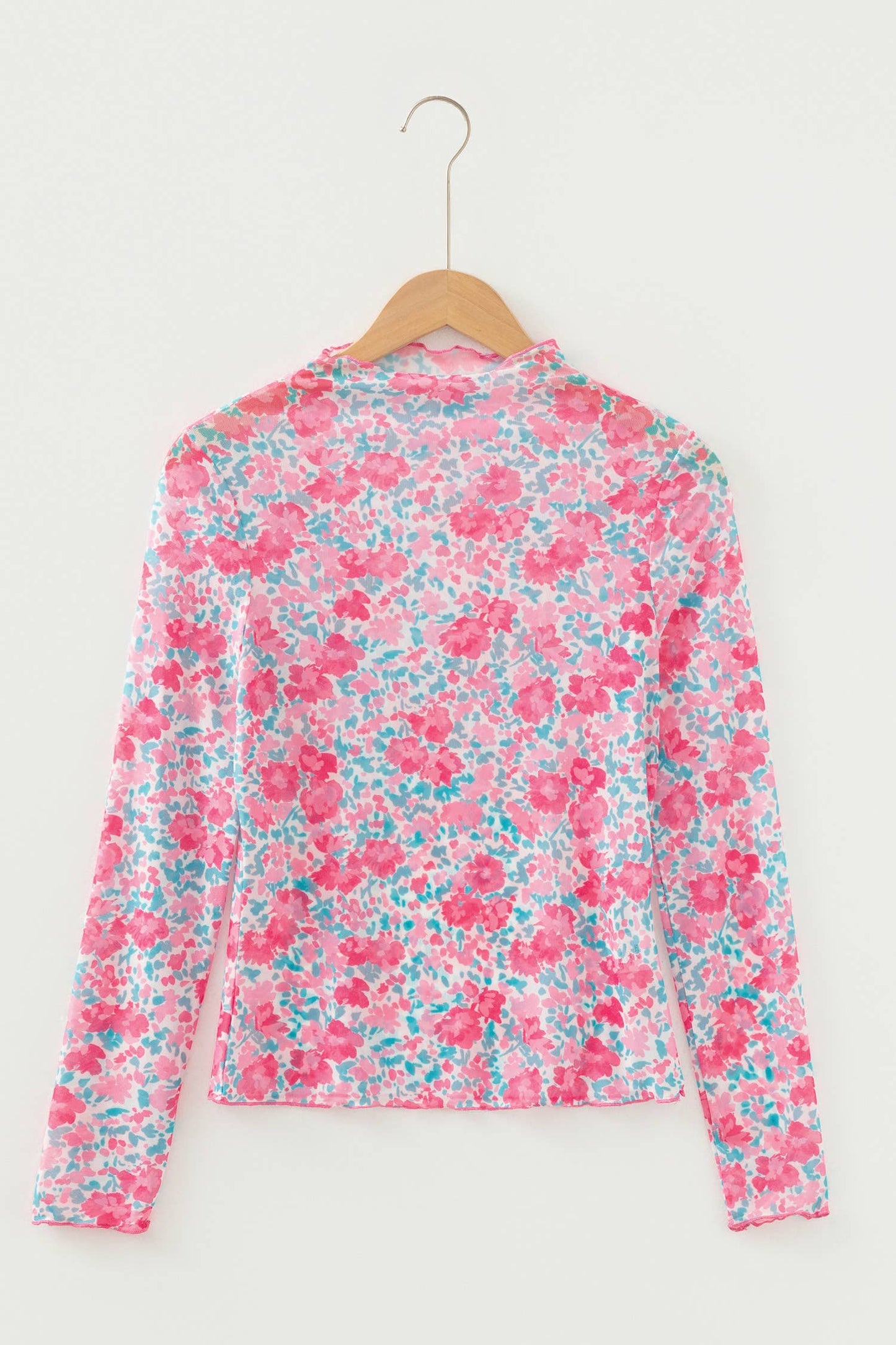 Floral Print Mesh Mock Neck Sheer Slim Fit Blouse (S-4X): Western / L