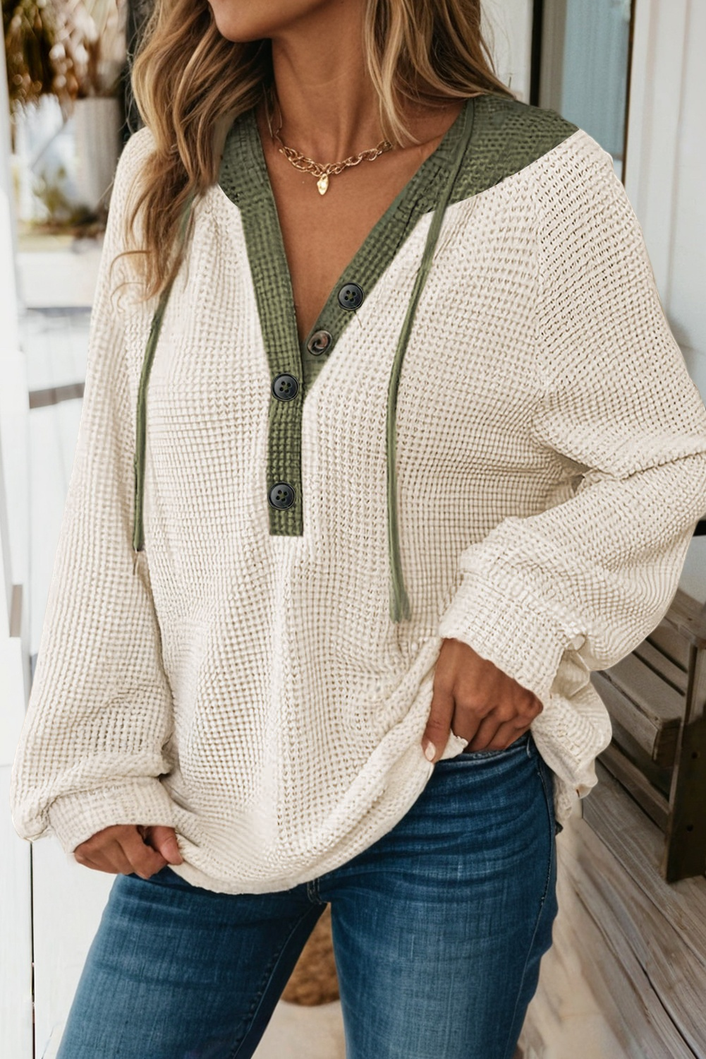 Waffle Contrast Hooded Pullover Top
