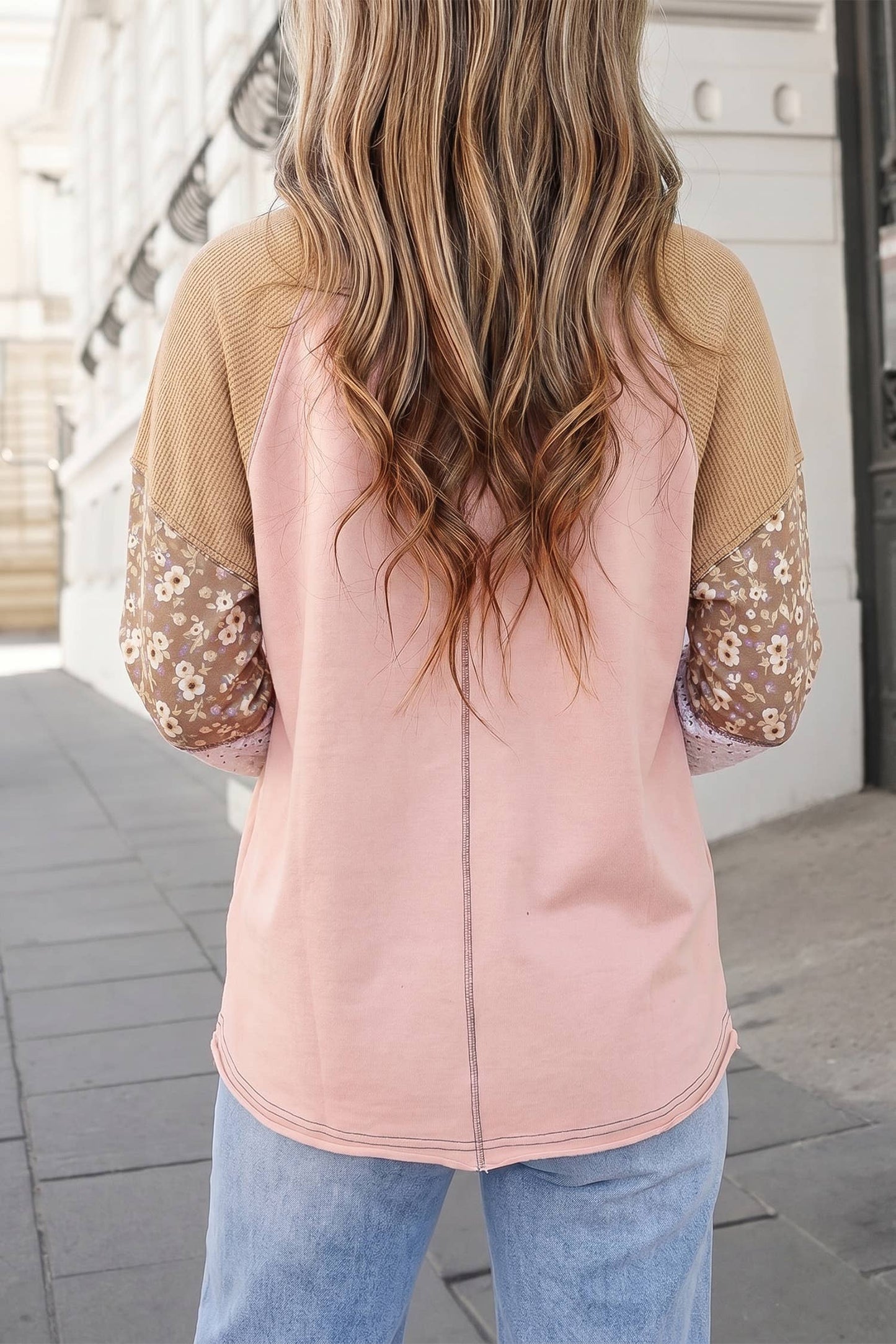 Floral Print Waffle Mixed Patchwork Top | S-XL: Apricot Pink / XL