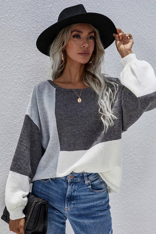 CWTTL0405_COLOR BLOCK ROUND NECK SWEATER TOP: Grey / (XL) 1