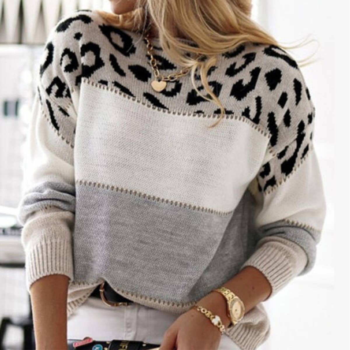 COLOR-MATCHING LEOPARD PRINT CREW NECK SWEATER: PINK / (XL) 1