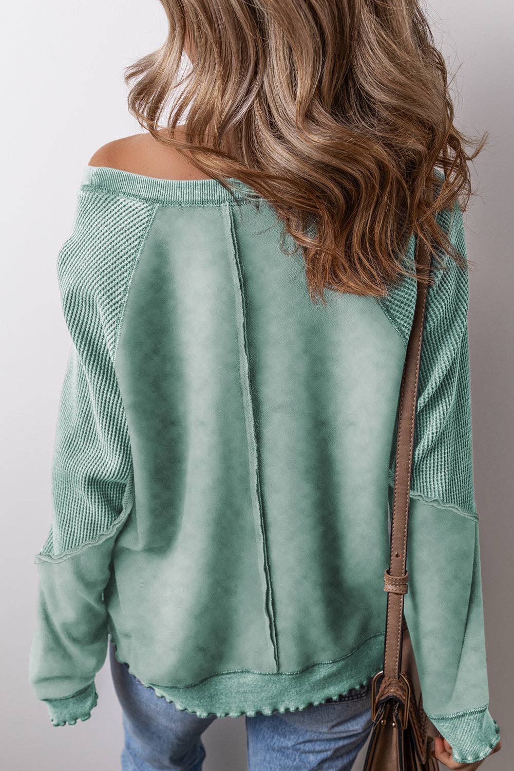 Solid Waffle Knit Patchwork Raglan Sleeve Sweatshirt: Mineral Blue