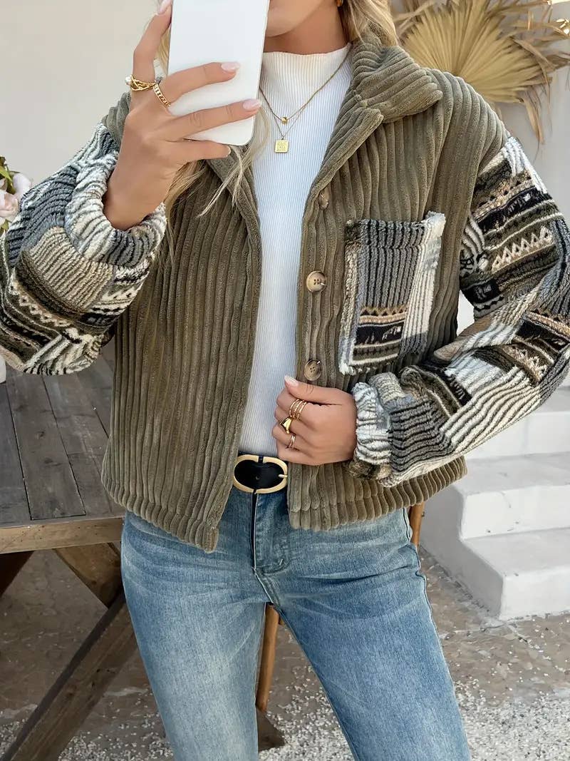 Western Aztec patchwork fleece button-up jacket: Olive