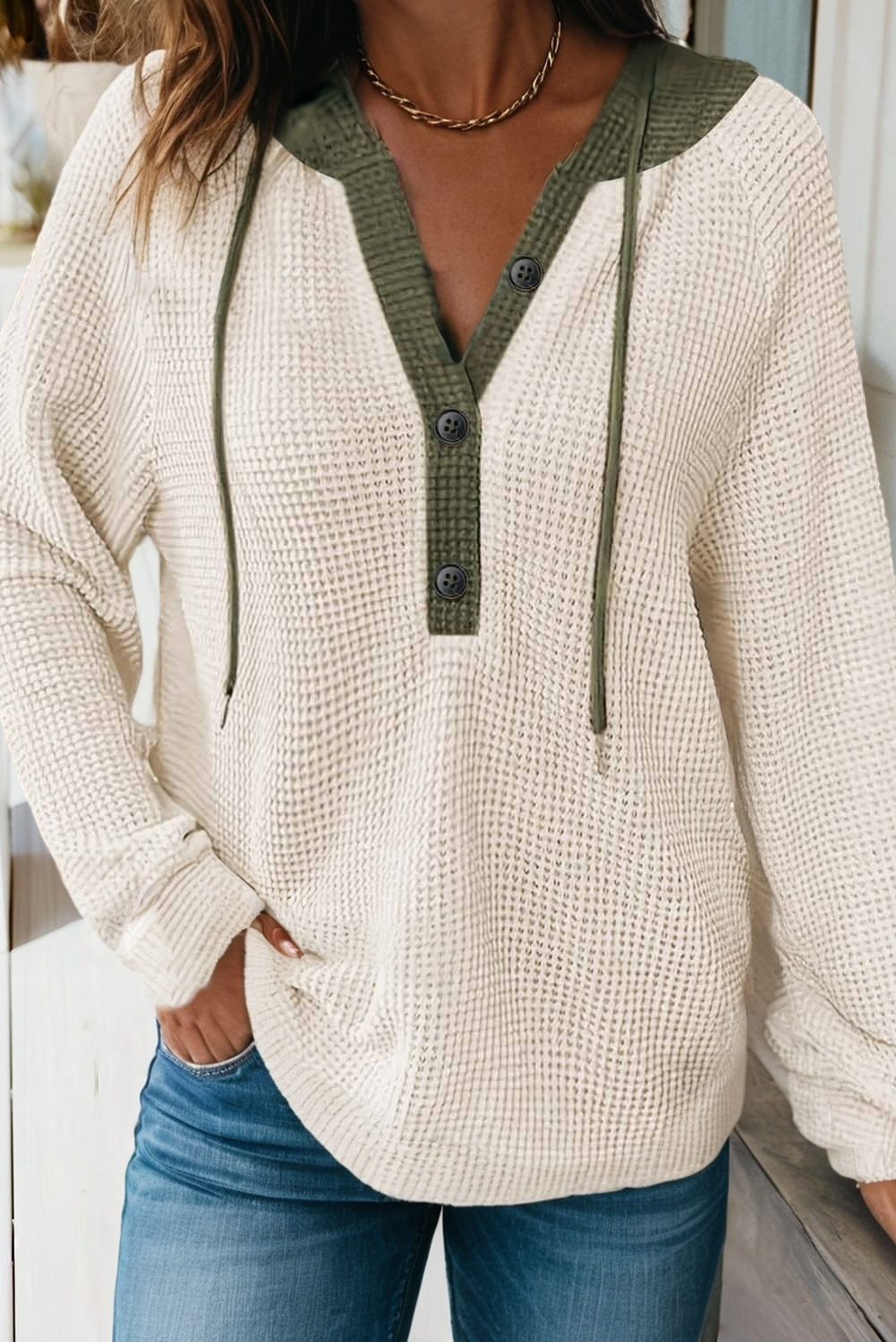 Waffle Contrast Hooded Pullover Top